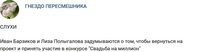 Полыгалова и Барзиков намерены забрать свадебный миллион?